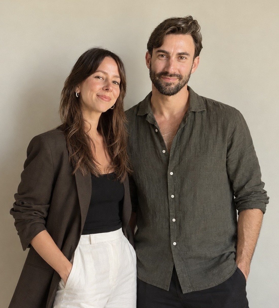 Laura and Matt, the makers of Yoke, standing together against a warm neutral wall.