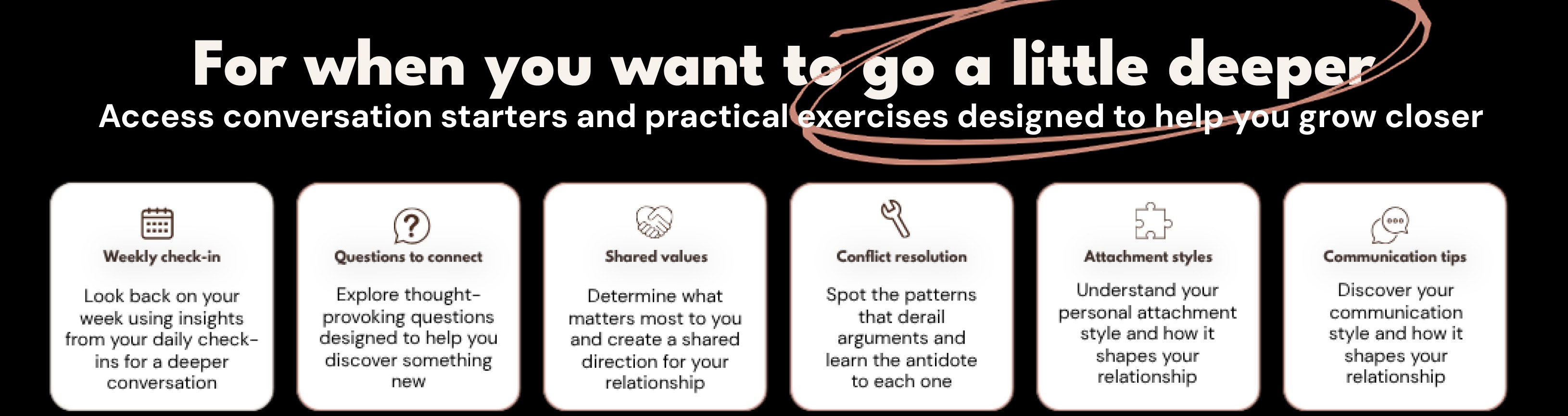 For when you want to go a little deeper — weekly check-ins, questions to connect, shared values, conflict resolution, attachment styles and communication tips