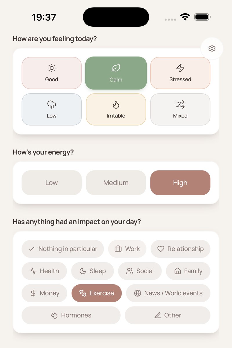 The daily check-in screen with mood options, an energy scale, and tags for what affected your day.